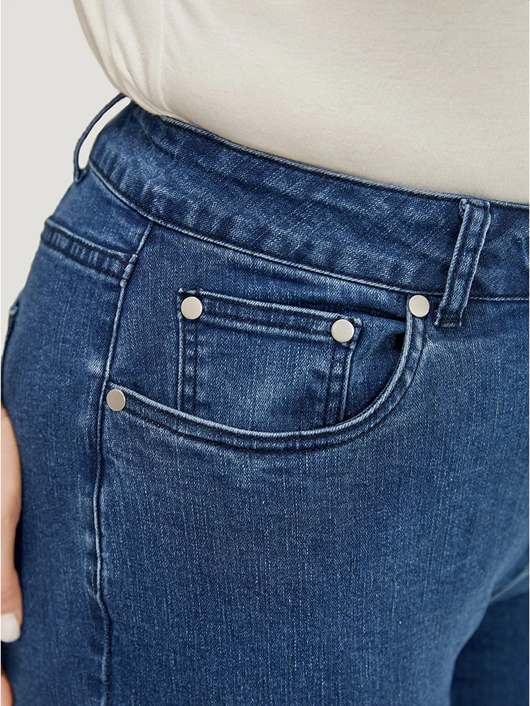 Very Stretchy Medium Wash Patched Detail Cut Out Jeans - Image 11