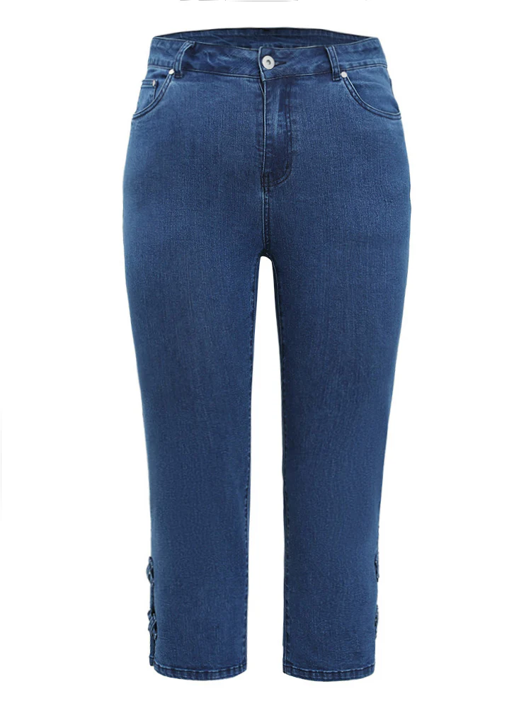 Very Stretchy Medium Wash Patched Detail Cut Out Jeans - Image 12