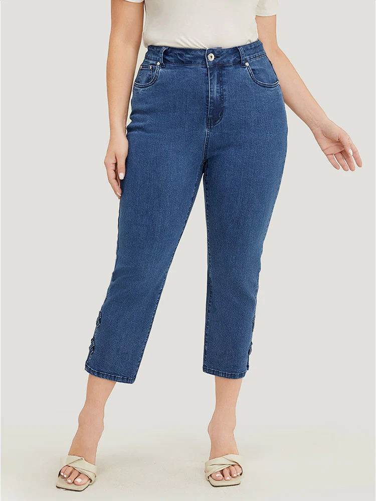 Very Stretchy Medium Wash Patched Detail Cut Out Jeans - Image 2