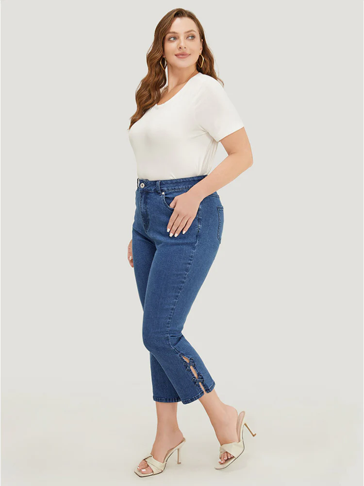 Very Stretchy Medium Wash Patched Detail Cut Out Jeans - Image 3