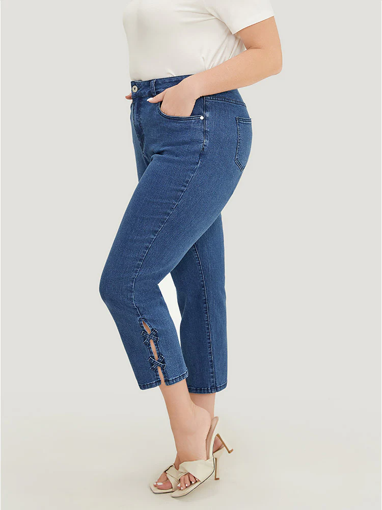Very Stretchy Medium Wash Patched Detail Cut Out Jeans - Image 4