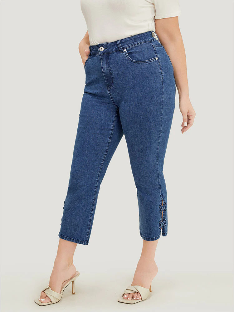 Very Stretchy Medium Wash Patched Detail Cut Out Jeans - Image 5