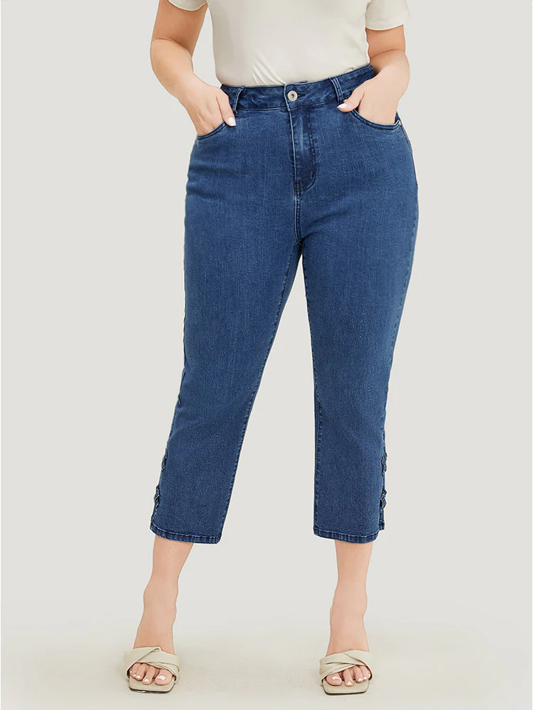 Very Stretchy Medium Wash Patched Detail Cut Out Jeans - Image 6
