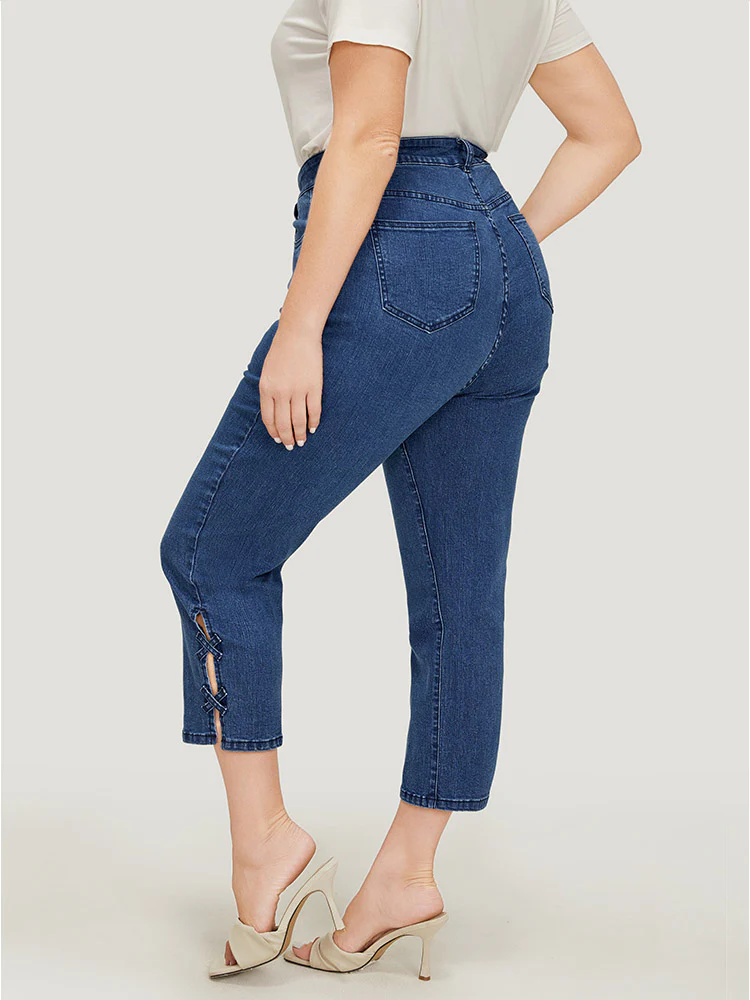 Very Stretchy Medium Wash Patched Detail Cut Out Jeans - Image 7