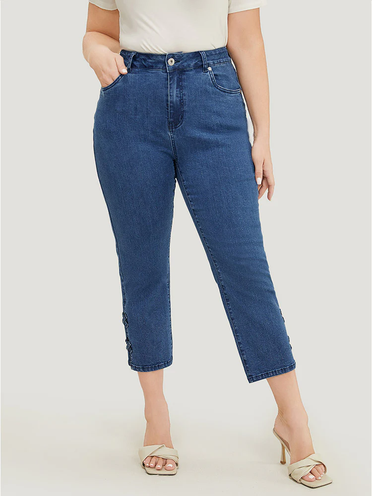 Very Stretchy Medium Wash Patched Detail Cut Out Jeans - Image 8
