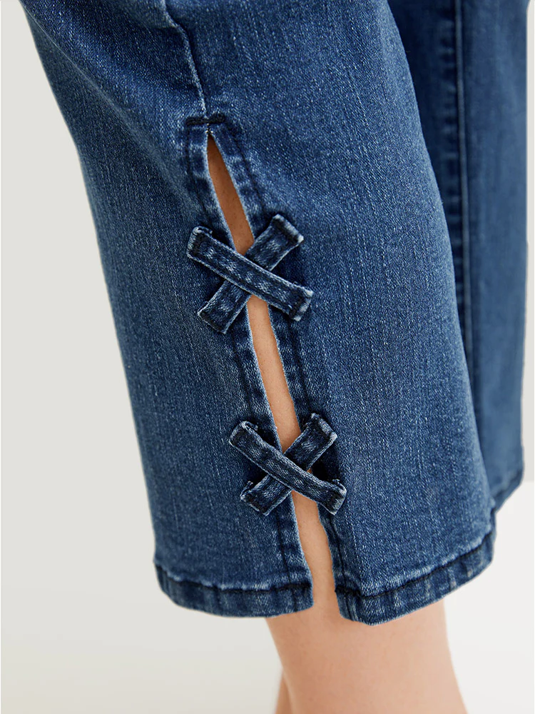 Very Stretchy Medium Wash Patched Detail Cut Out Jeans - Image 9