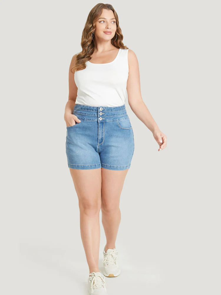 Very Stretchy Medium Wash Stitch Trim Denim Shorts - Image 2