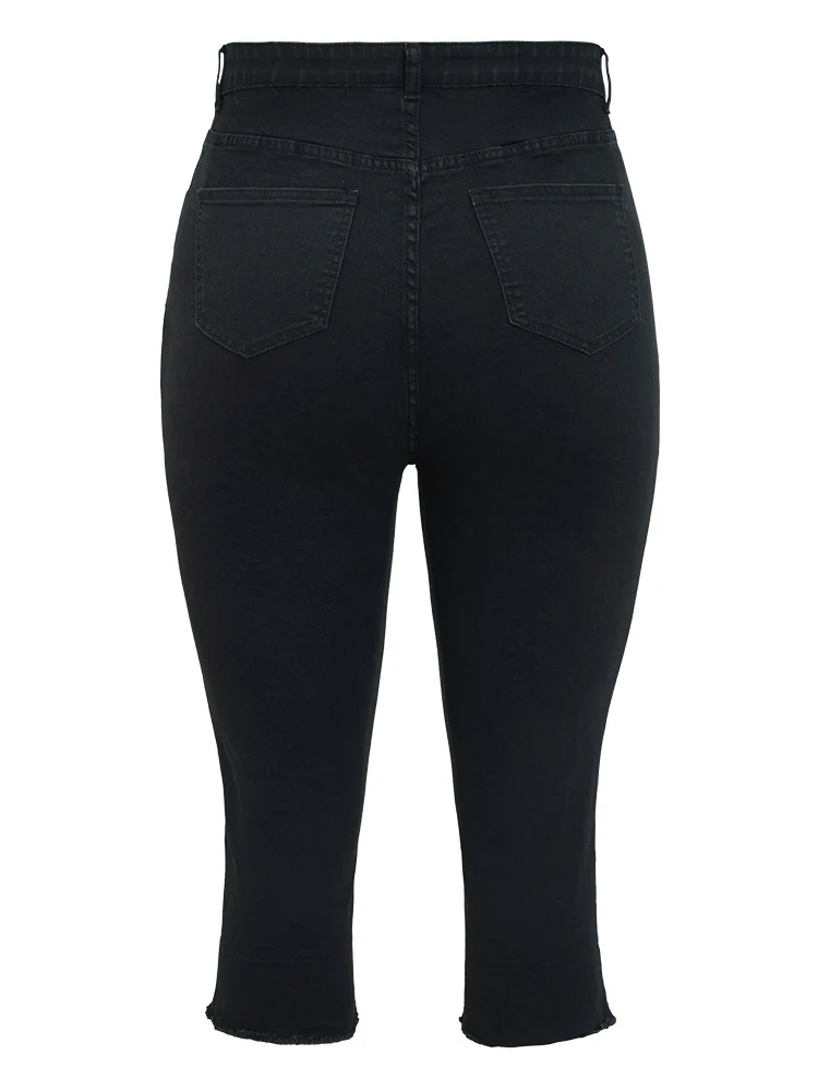 Very Stretchy High Rise Black Wash Rivet Detail Knee Denim Shorts - Image 12