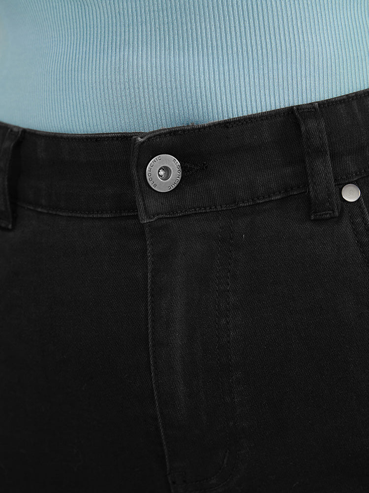 Very Stretchy High Rise Black Wash Rivet Detail Knee Denim Shorts - Image 9