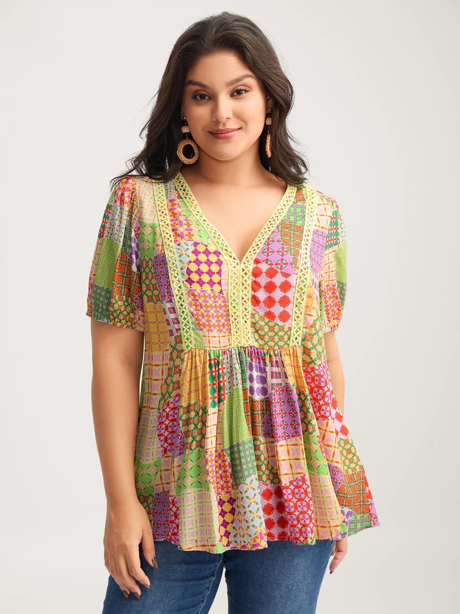 Vibrant Collage Print Babydoll Top - Image 4