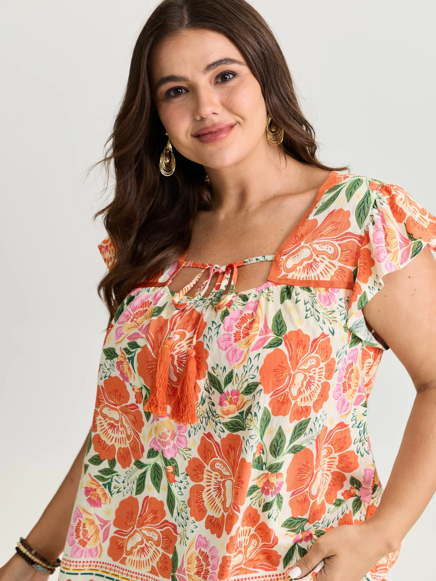 Vibrant Floral Print Flutter Sleeve Blouse - Image 2