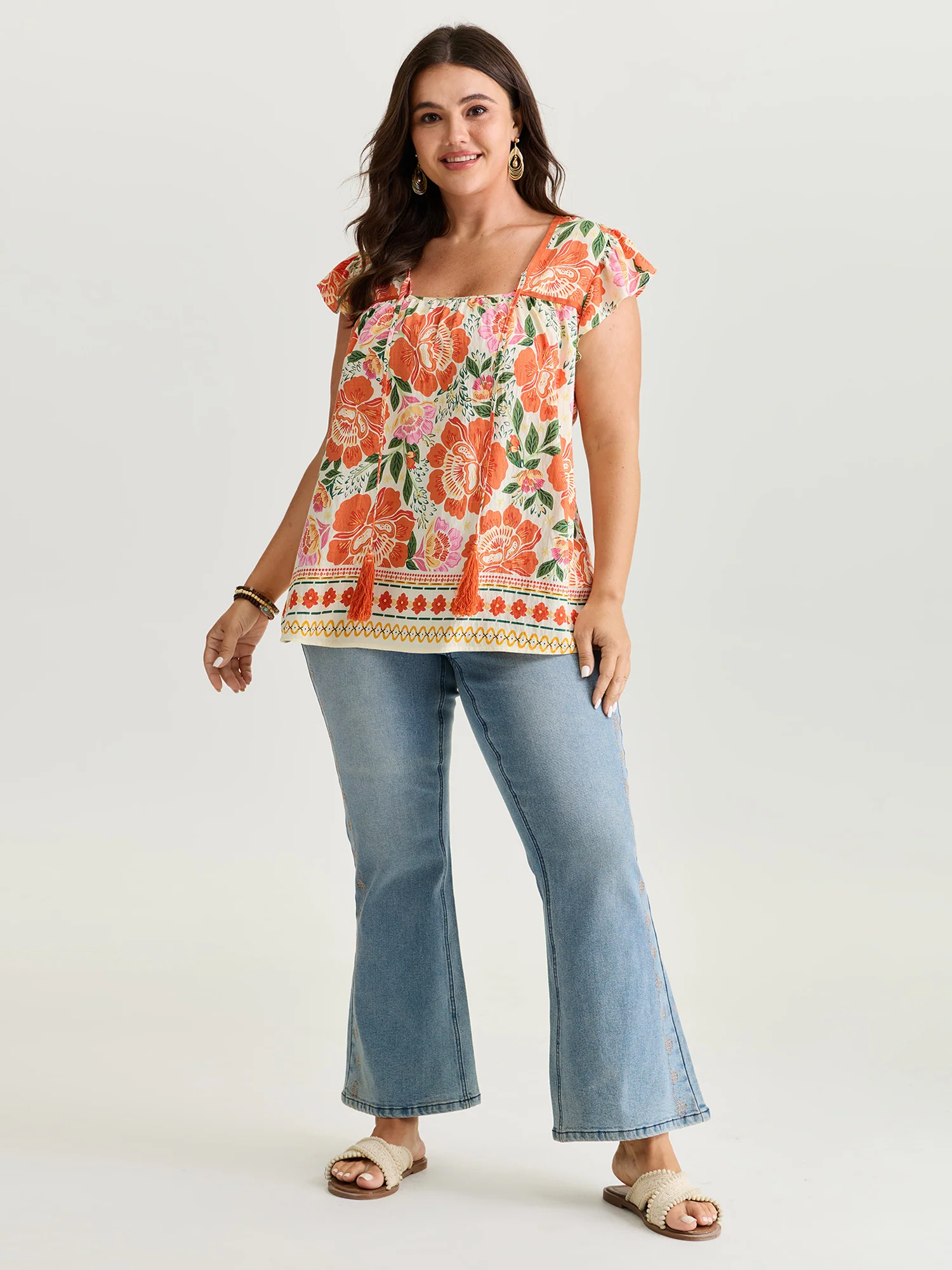 Vibrant Floral Print Flutter Sleeve Blouse - Image 3