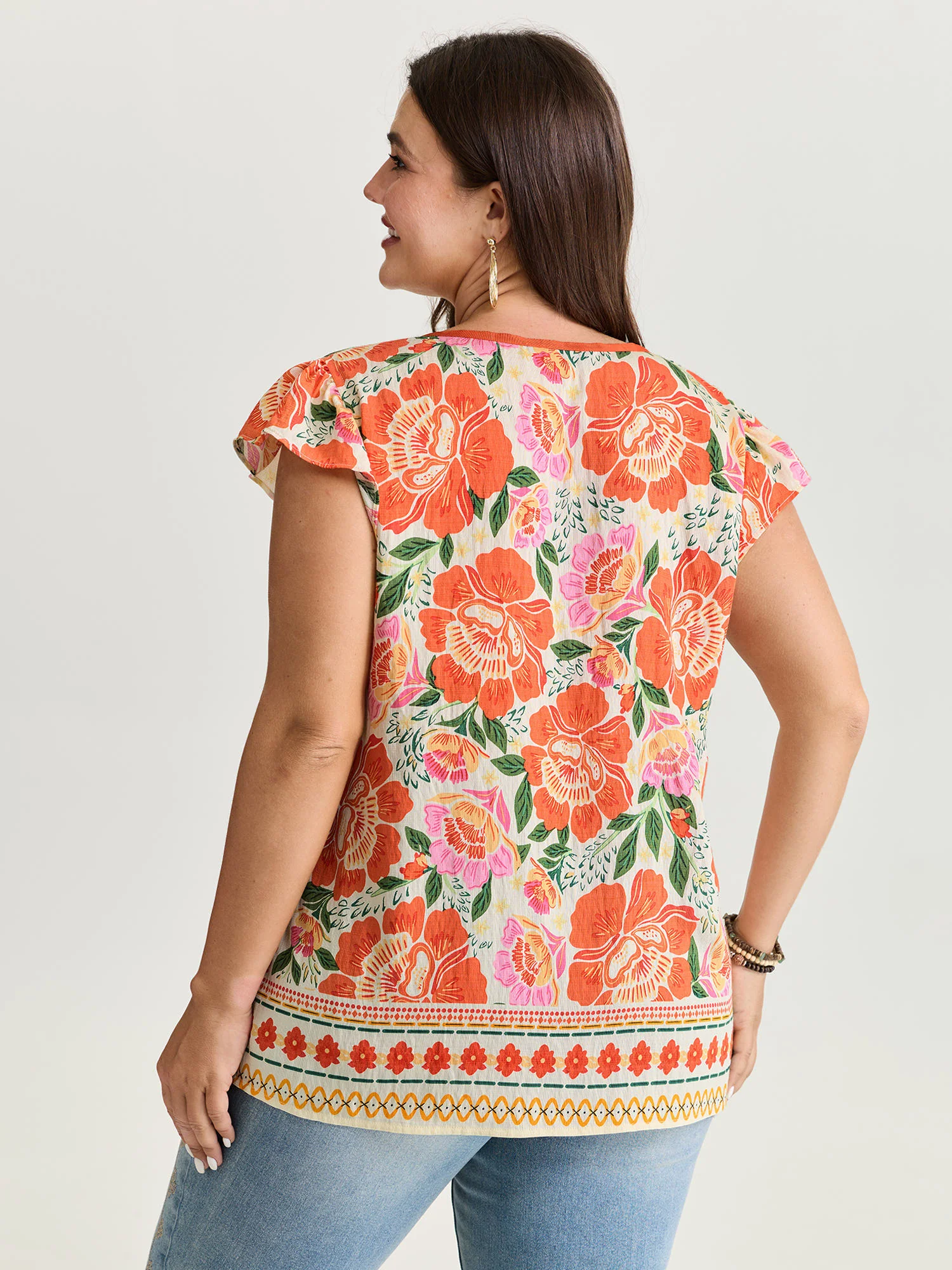 Vibrant Floral Print Flutter Sleeve Blouse - Image 4