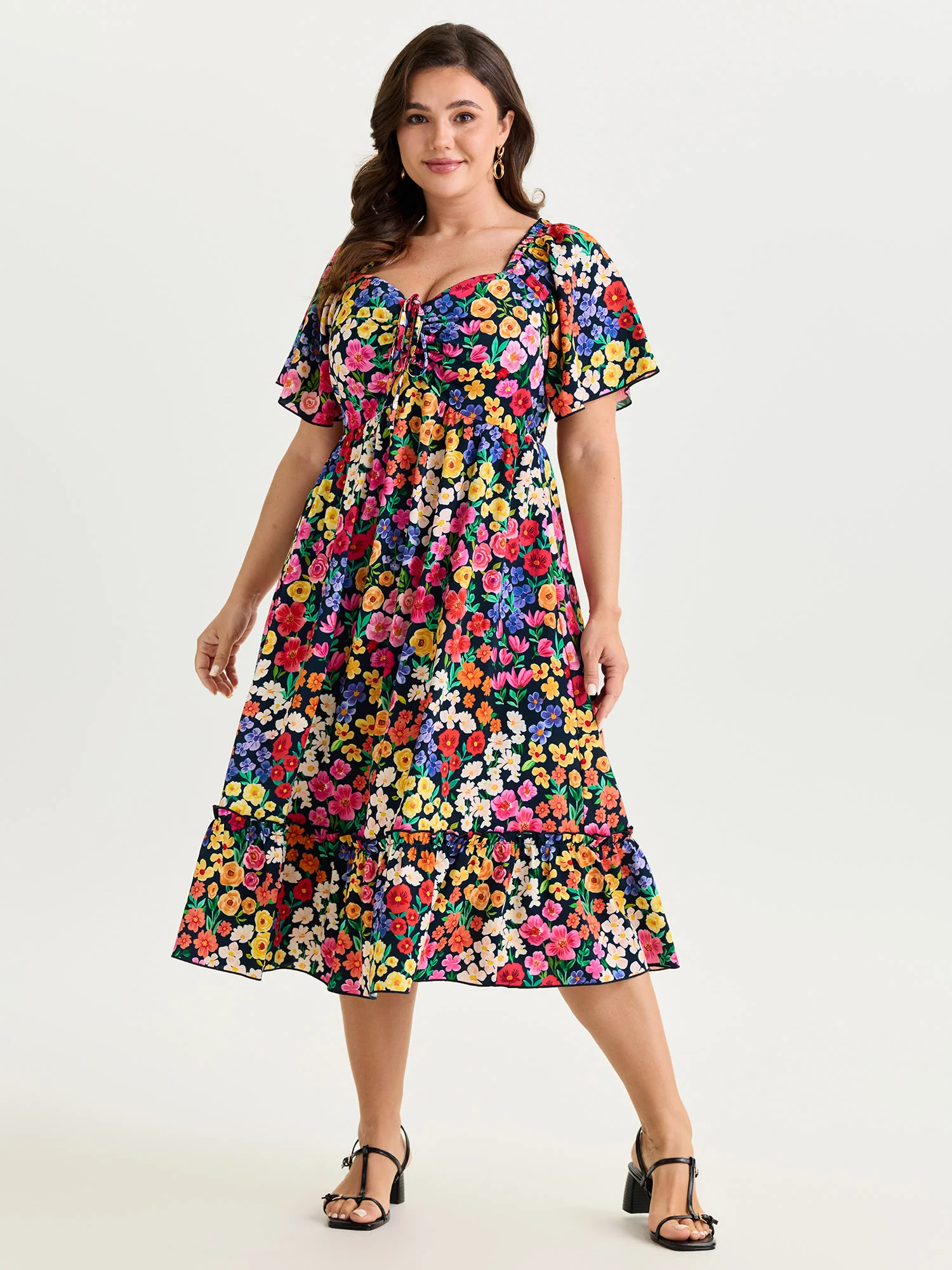 Vibrant Floral Print Ruched Bodice Midi Dress - Image 3