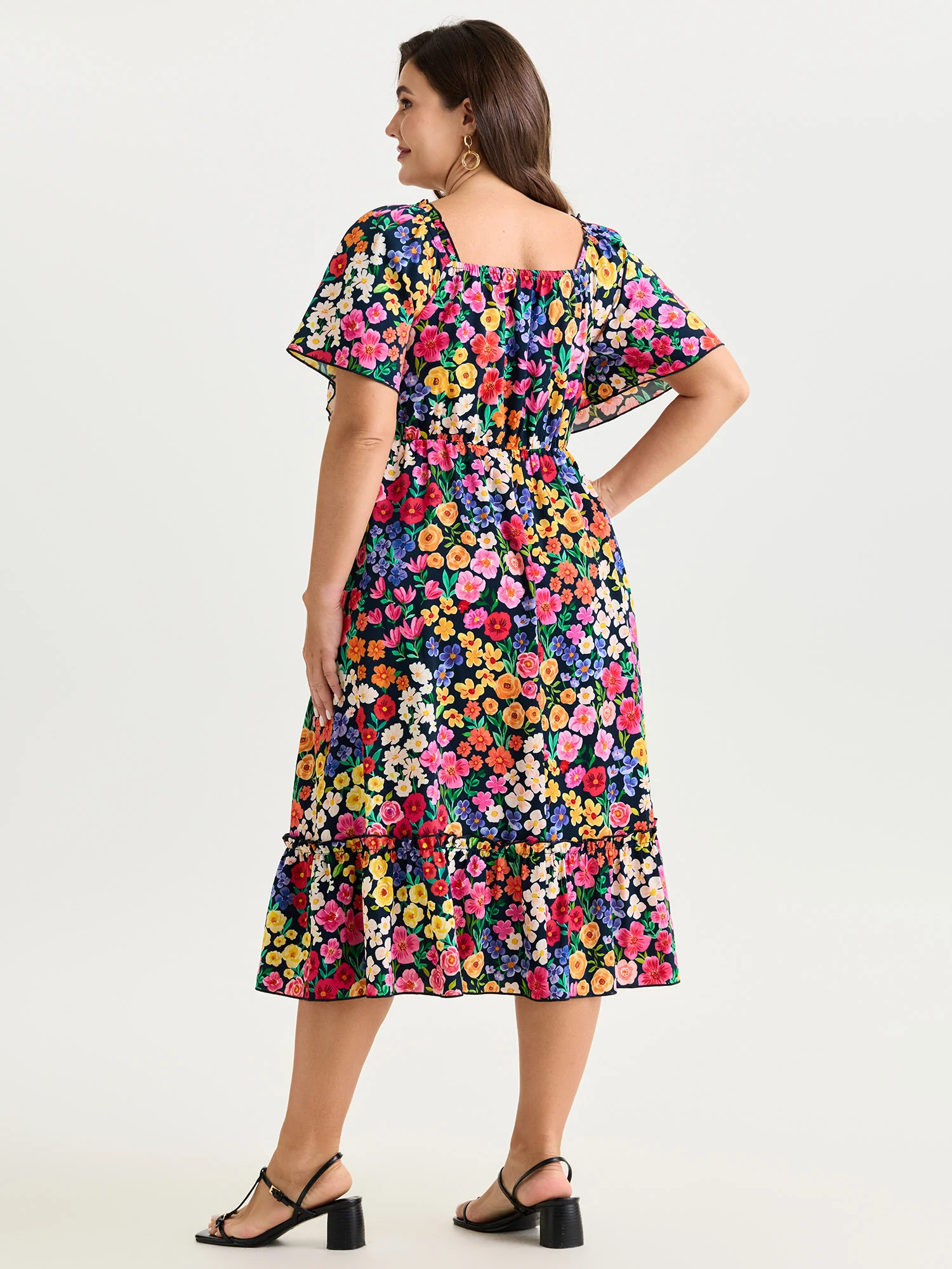 Vibrant Floral Print Ruched Bodice Midi Dress - Image 4