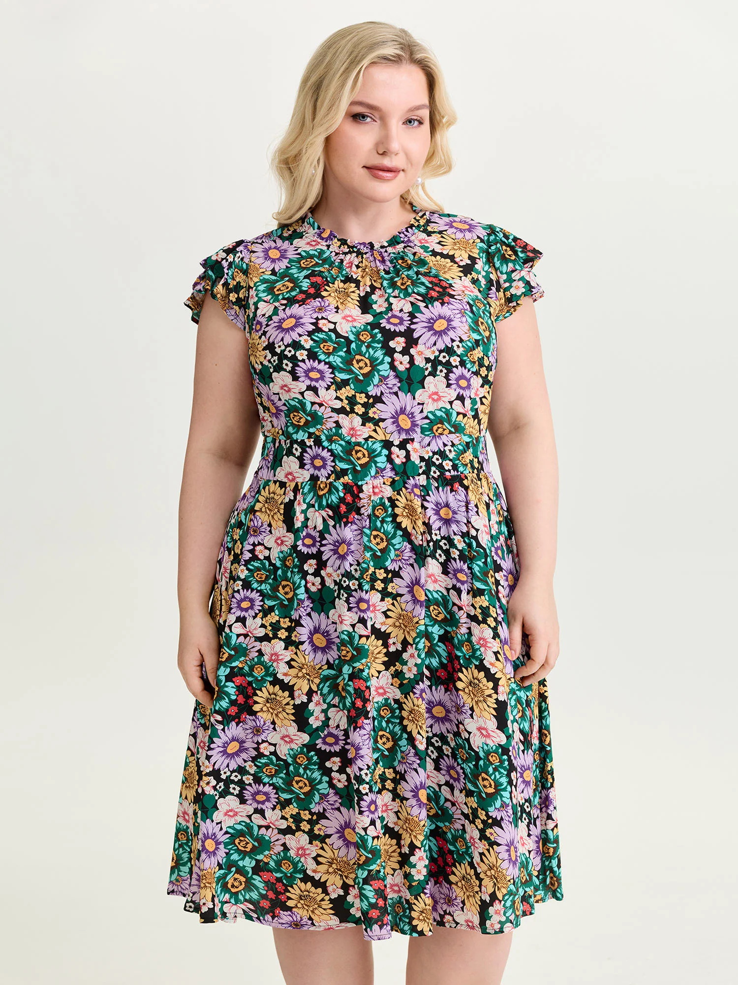 Vibrant Floral Print Ruffled Neckline Mini Dress - Image 2