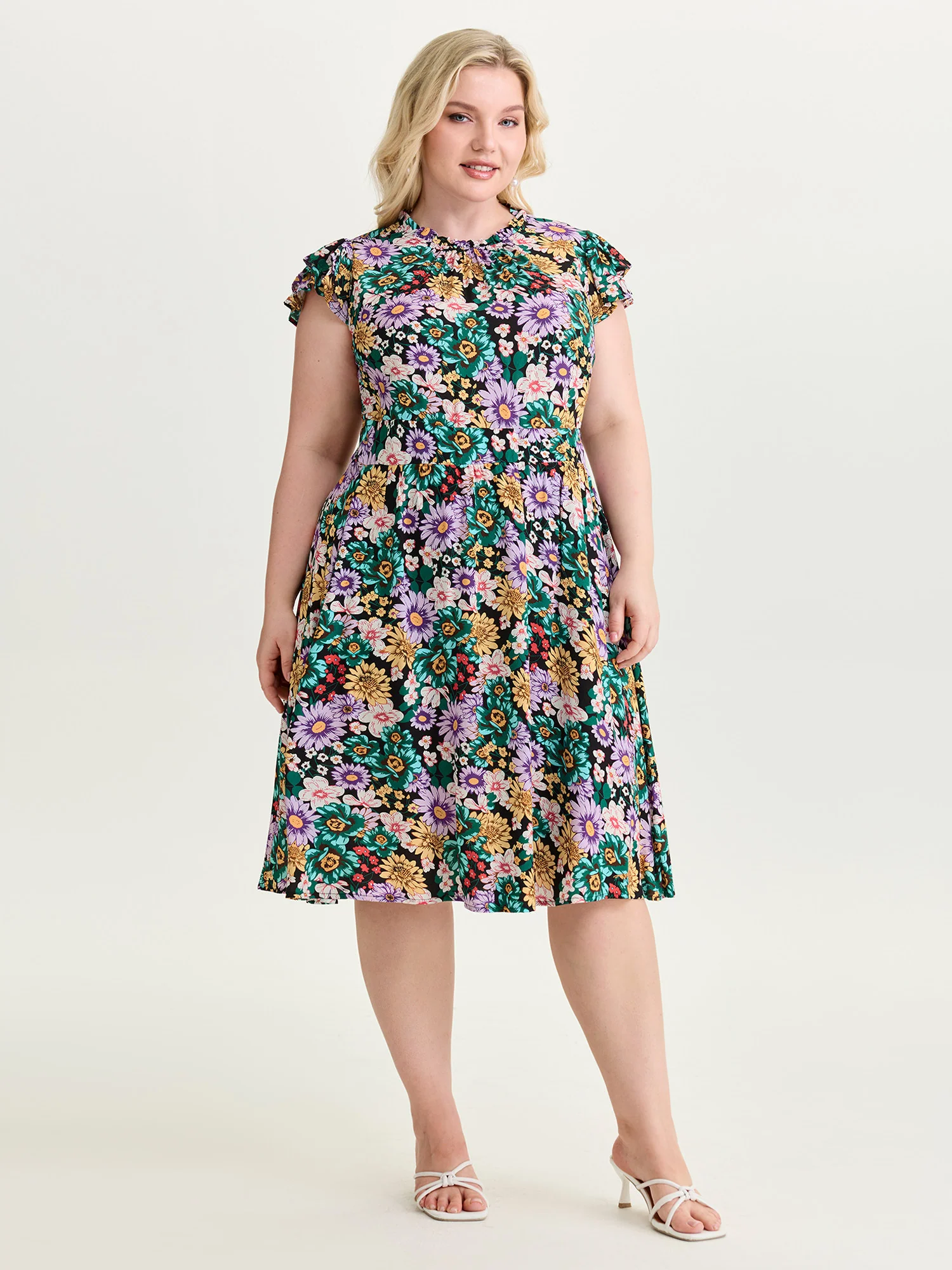 Vibrant Floral Print Ruffled Neckline Mini Dress - Image 3