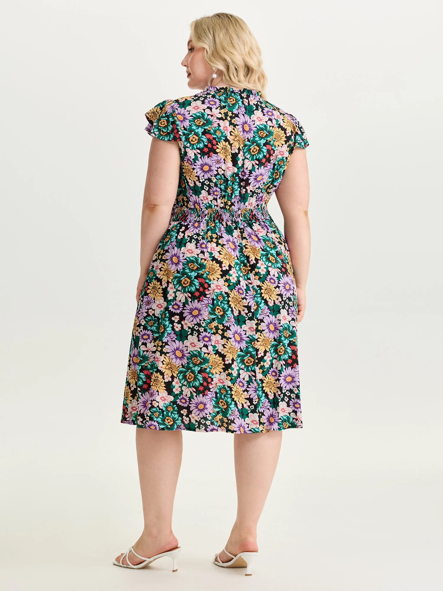 Vibrant Floral Print Ruffled Neckline Mini Dress - Image 4
