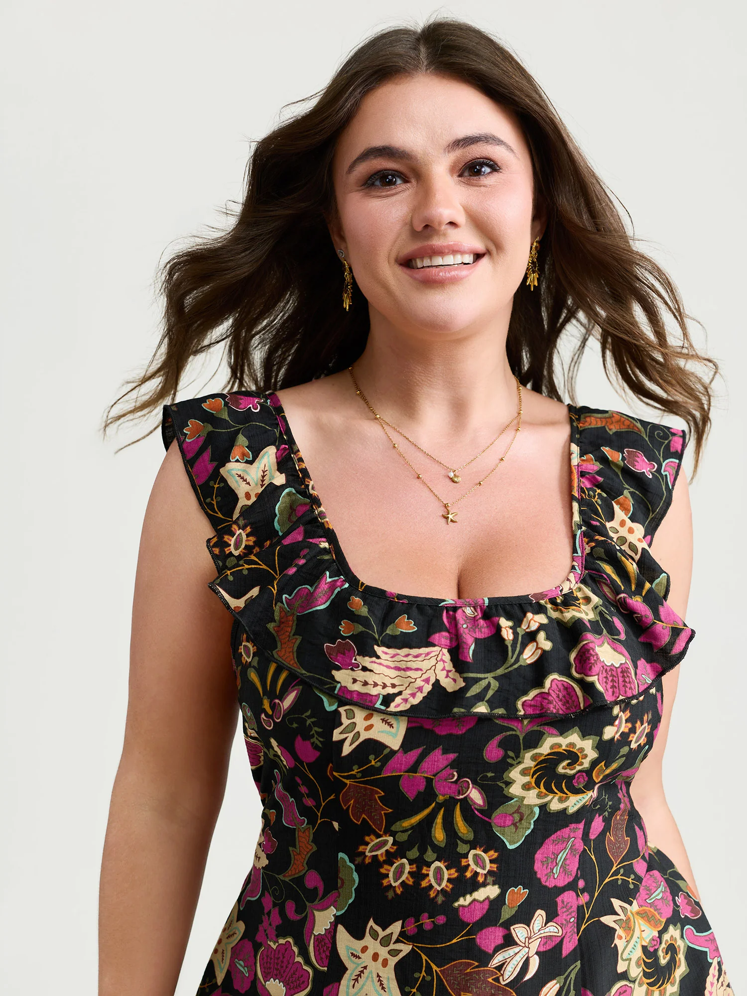 Vibrant Floral Print Ruffled Neckline Mini Dress - Image 2