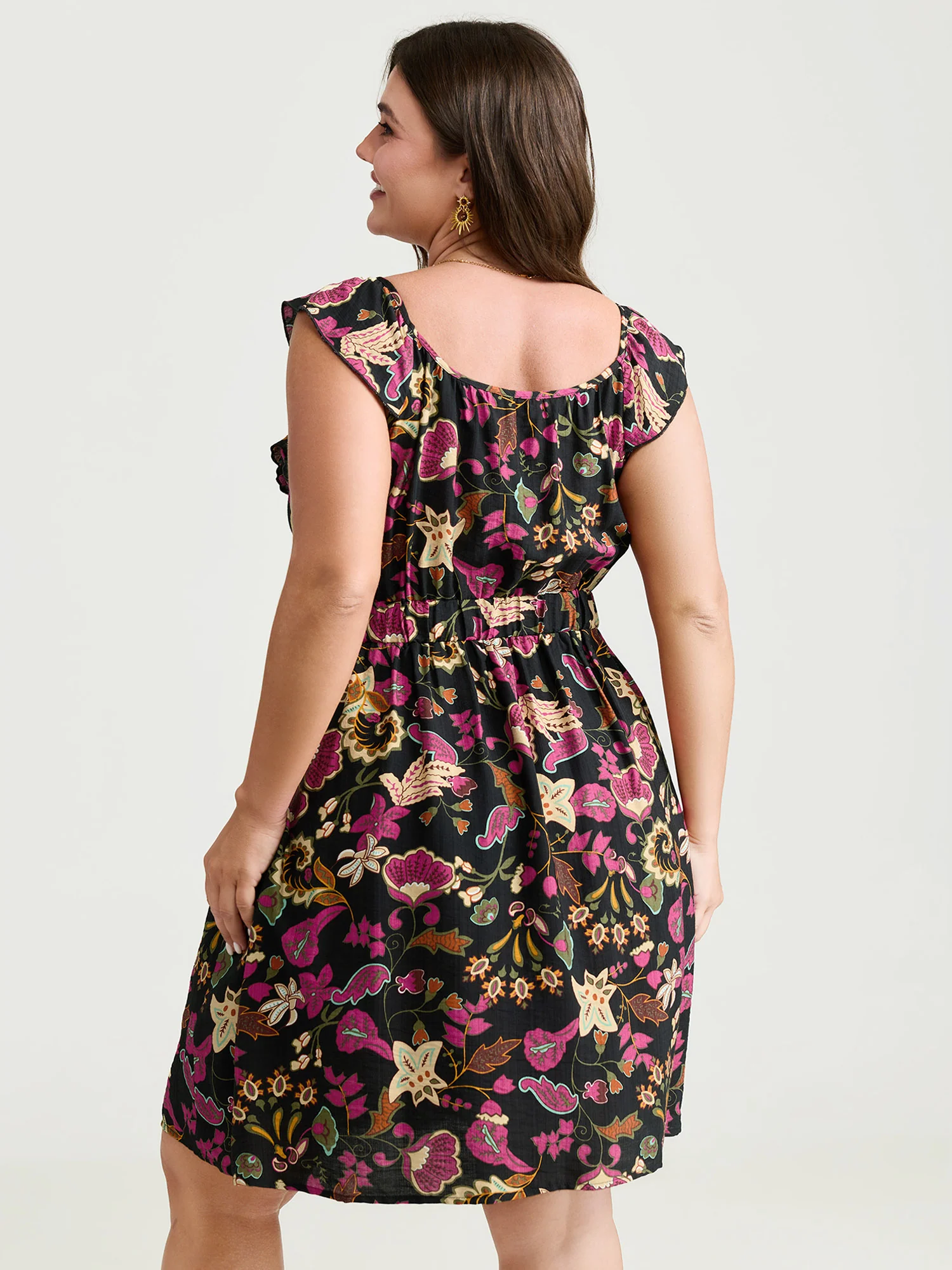 Vibrant Floral Print Ruffled Neckline Mini Dress - Image 4