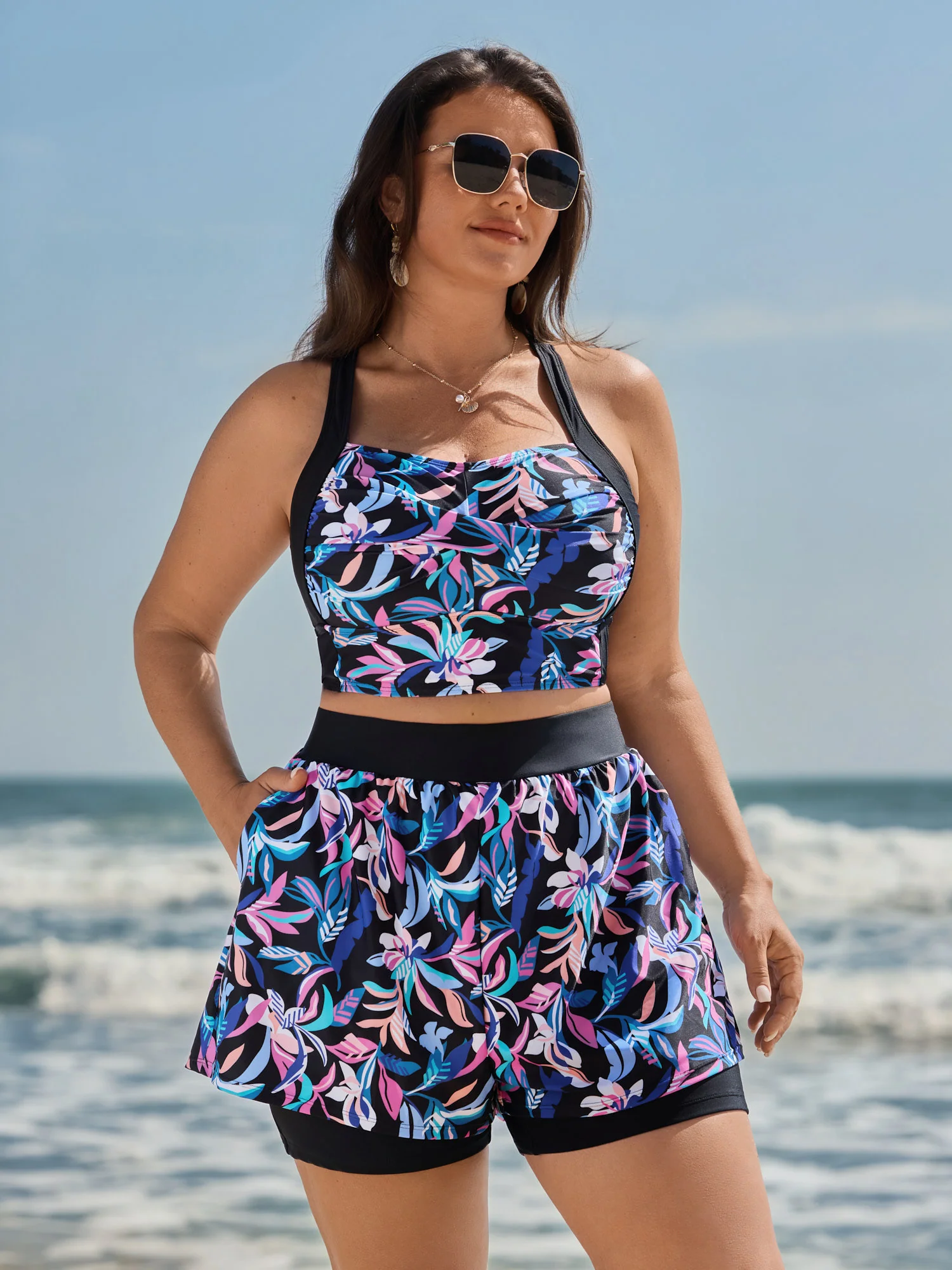 Vibrant Floral Print Twist Front Swim Top - Image 2