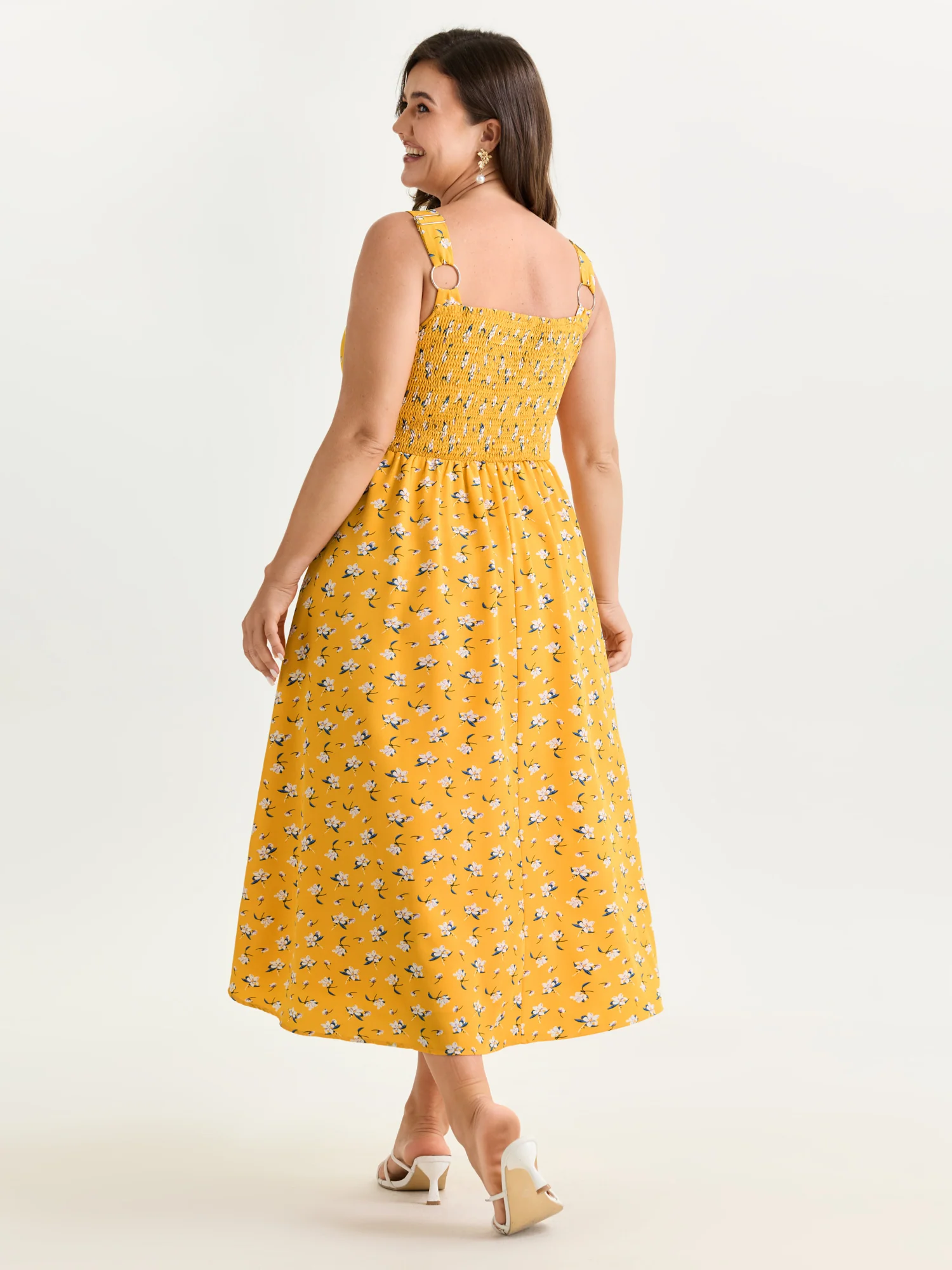 Vibrant Floral Print Waist-Defining Midi Dress - Image 4