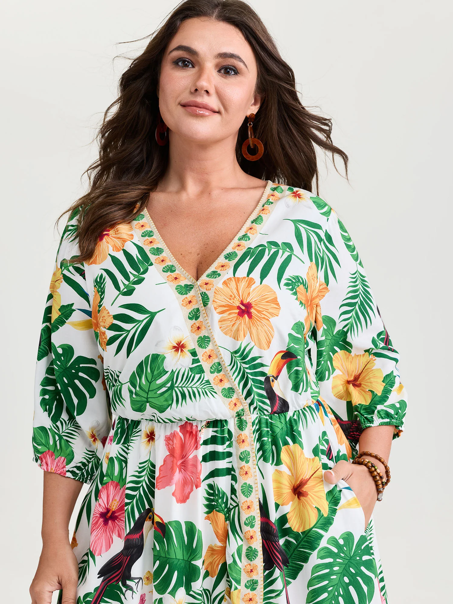 Vibrant Floral Print Wrap Neckline Midi Dress - Image 2