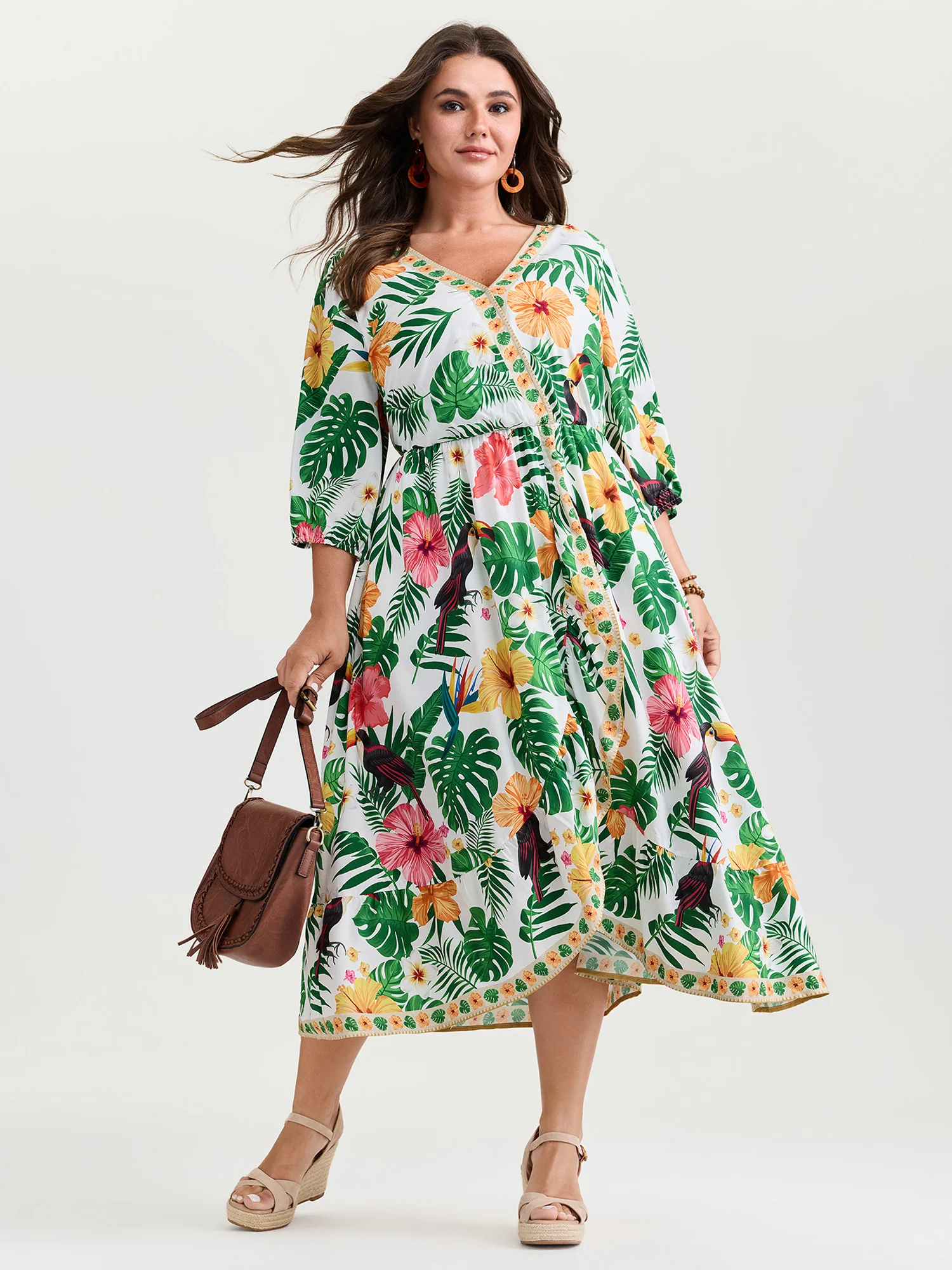 Vibrant Floral Print Wrap Neckline Midi Dress - Image 3