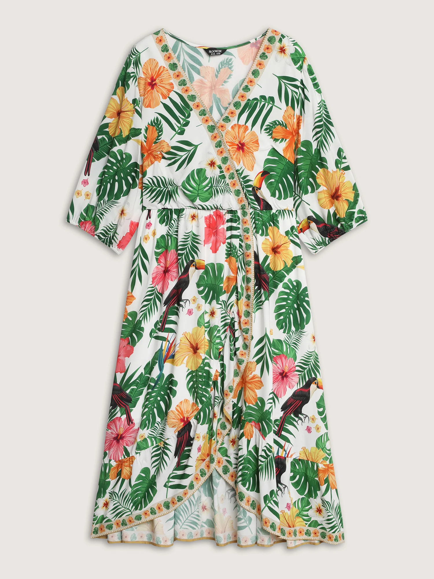 Vibrant Floral Print Wrap Neckline Midi Dress - Image 5