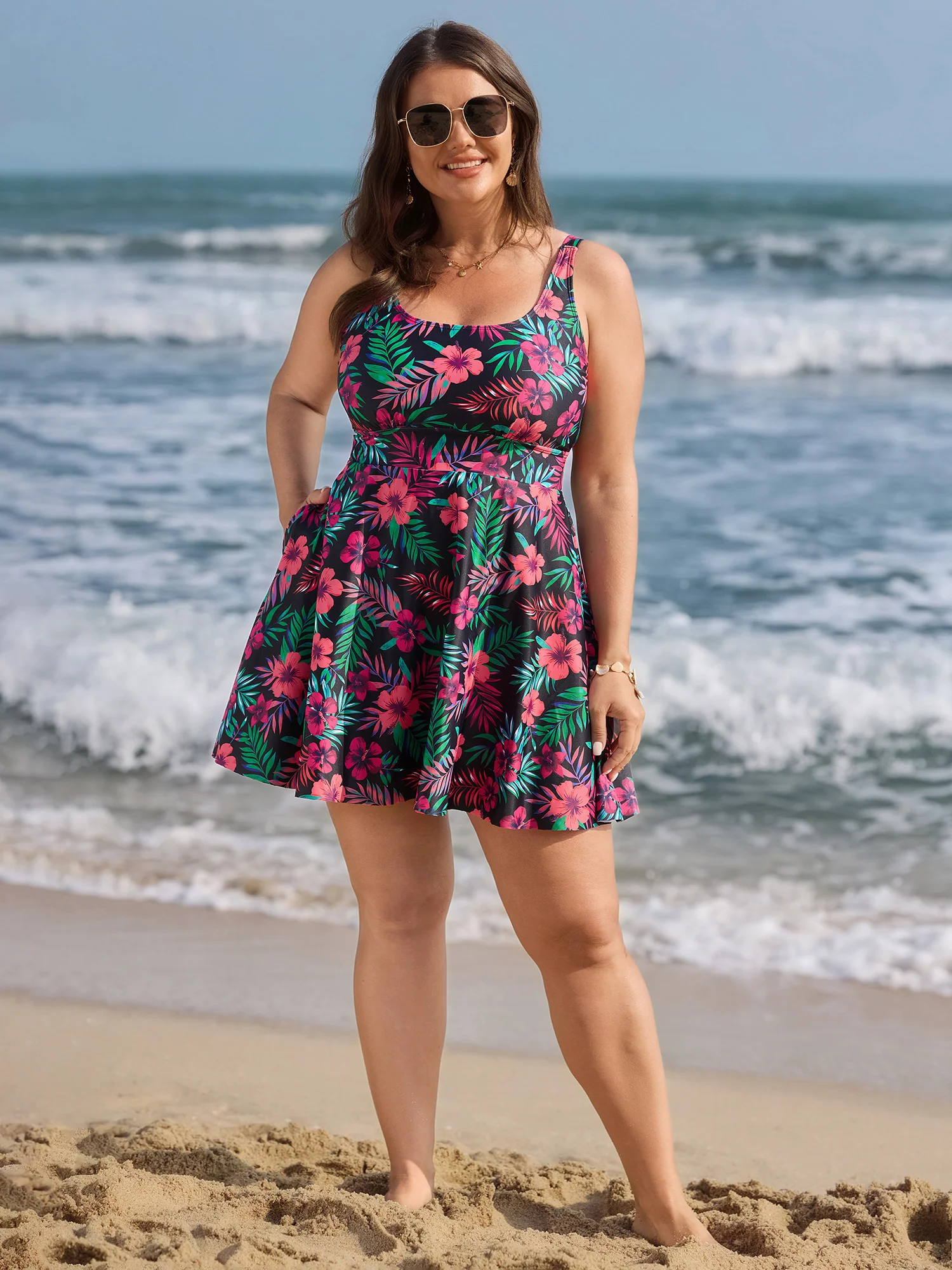 Vibrant Tropical Floral Print Pockets Swim Dress - Image 3