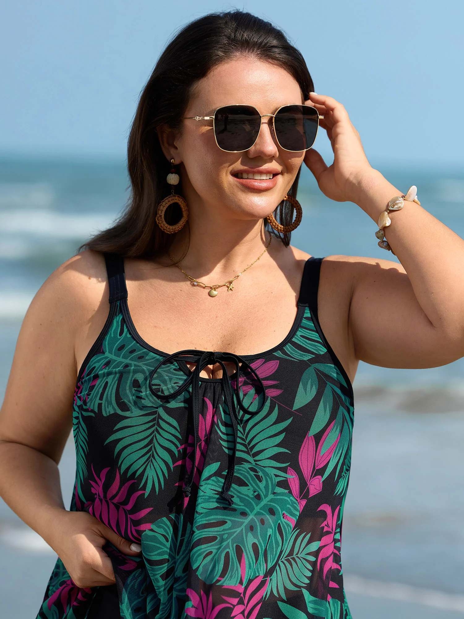 Vibrant Tropical Mesh Neck Tie Swim Top - Image 3