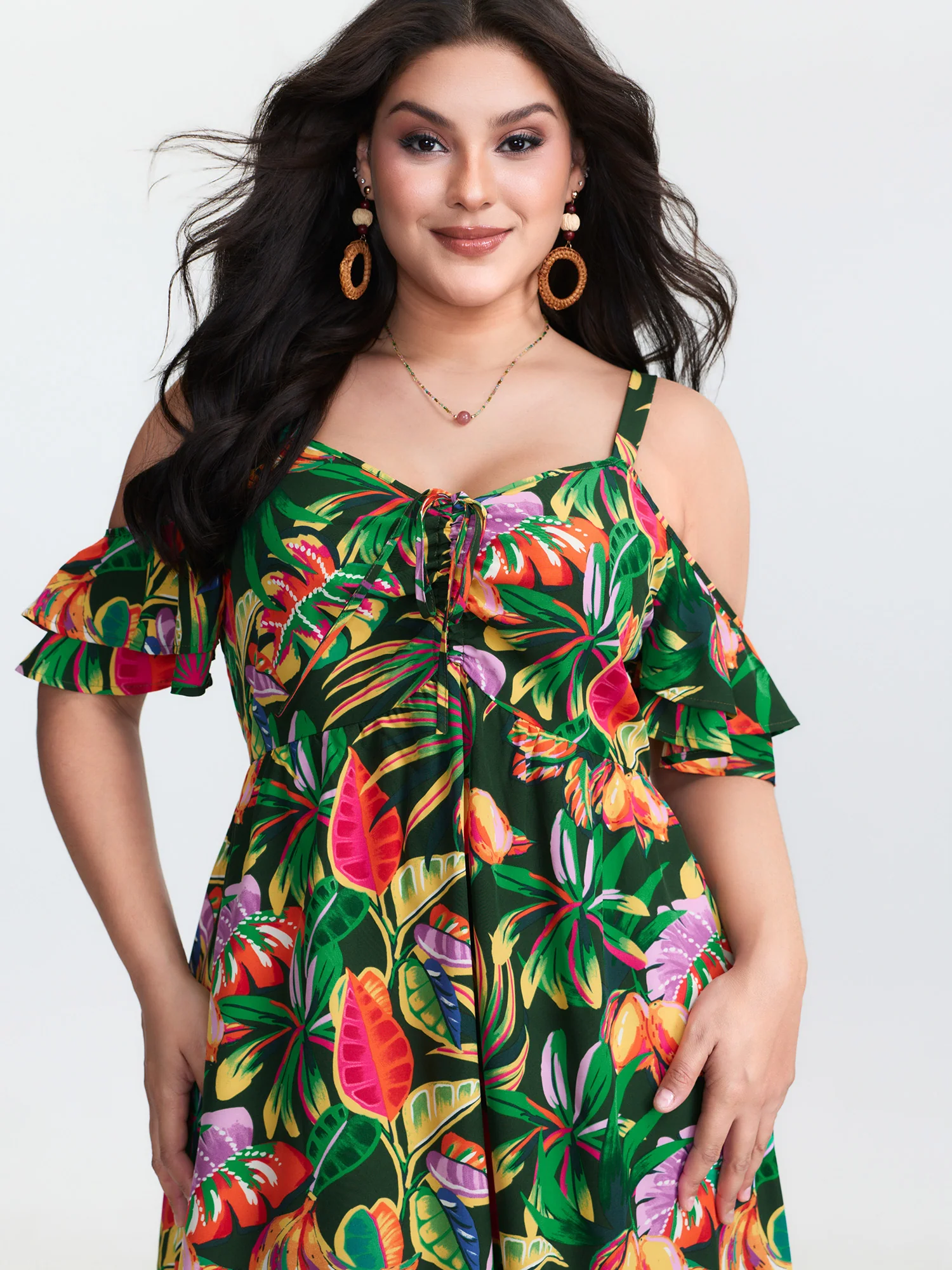 Vibrant Tropical Print Off-Shoulder Midi Dress - Image 2