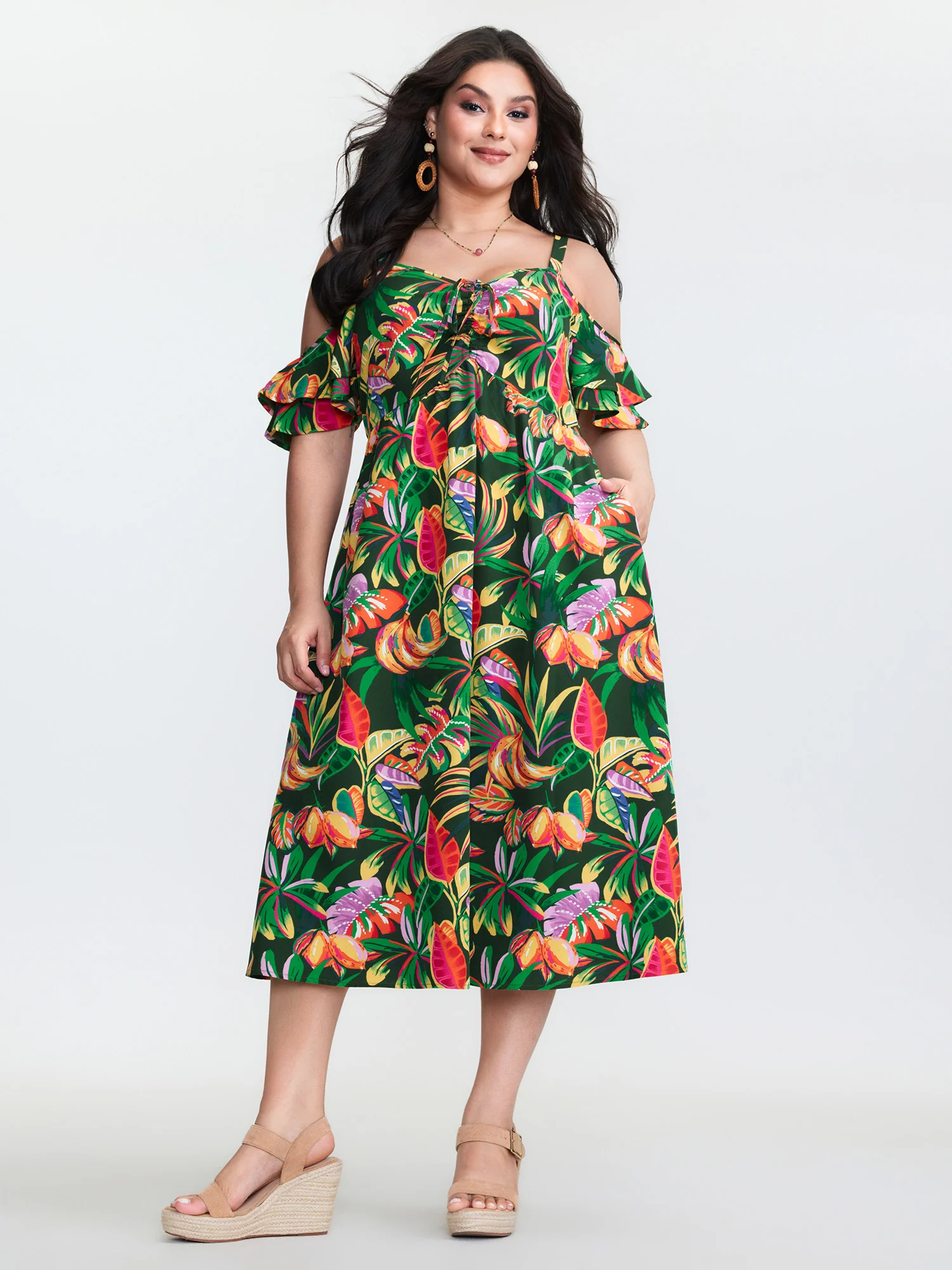Vibrant Tropical Print Off-Shoulder Midi Dress - Image 3