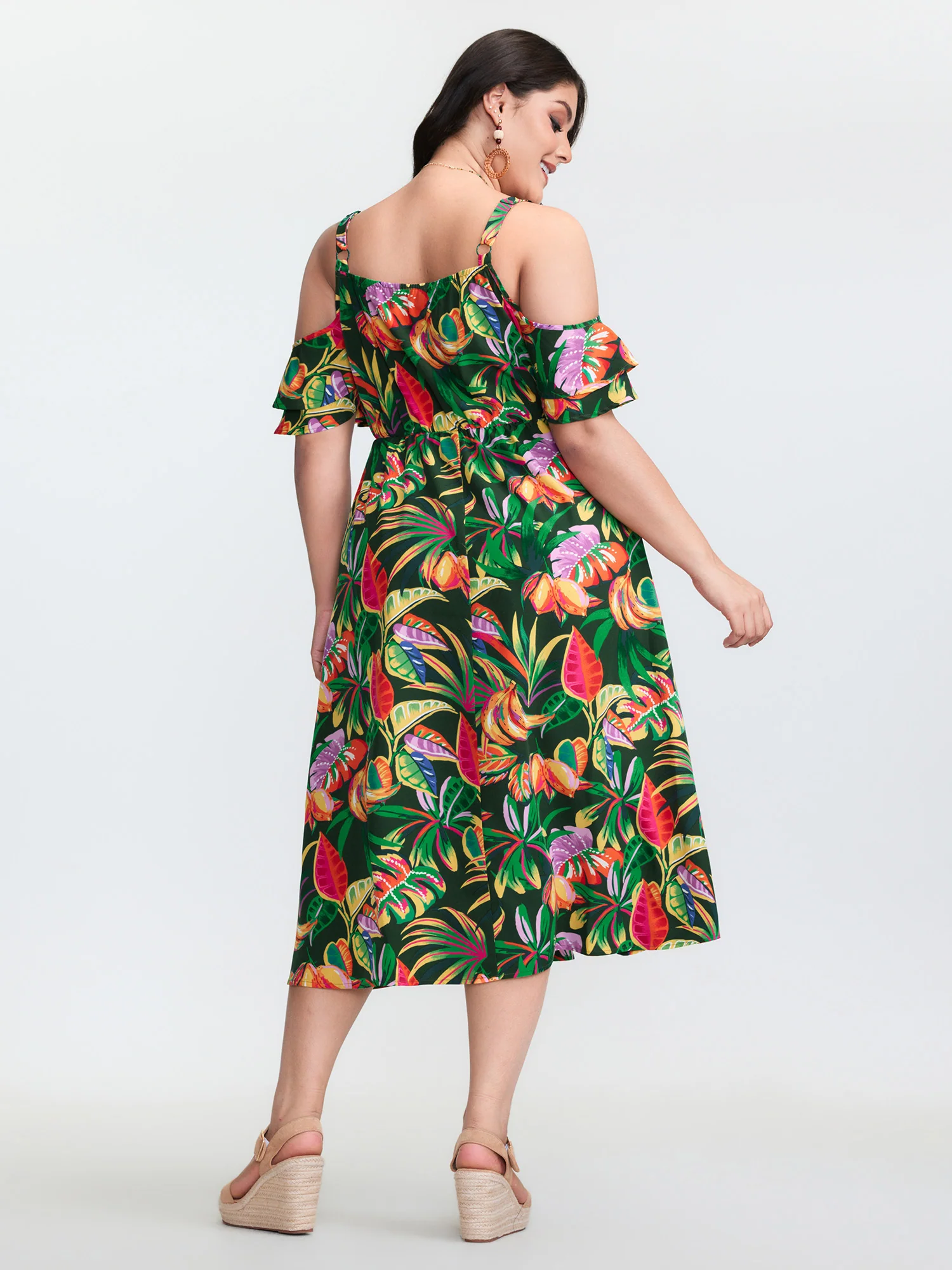 Vibrant Tropical Print Off-Shoulder Midi Dress - Image 4