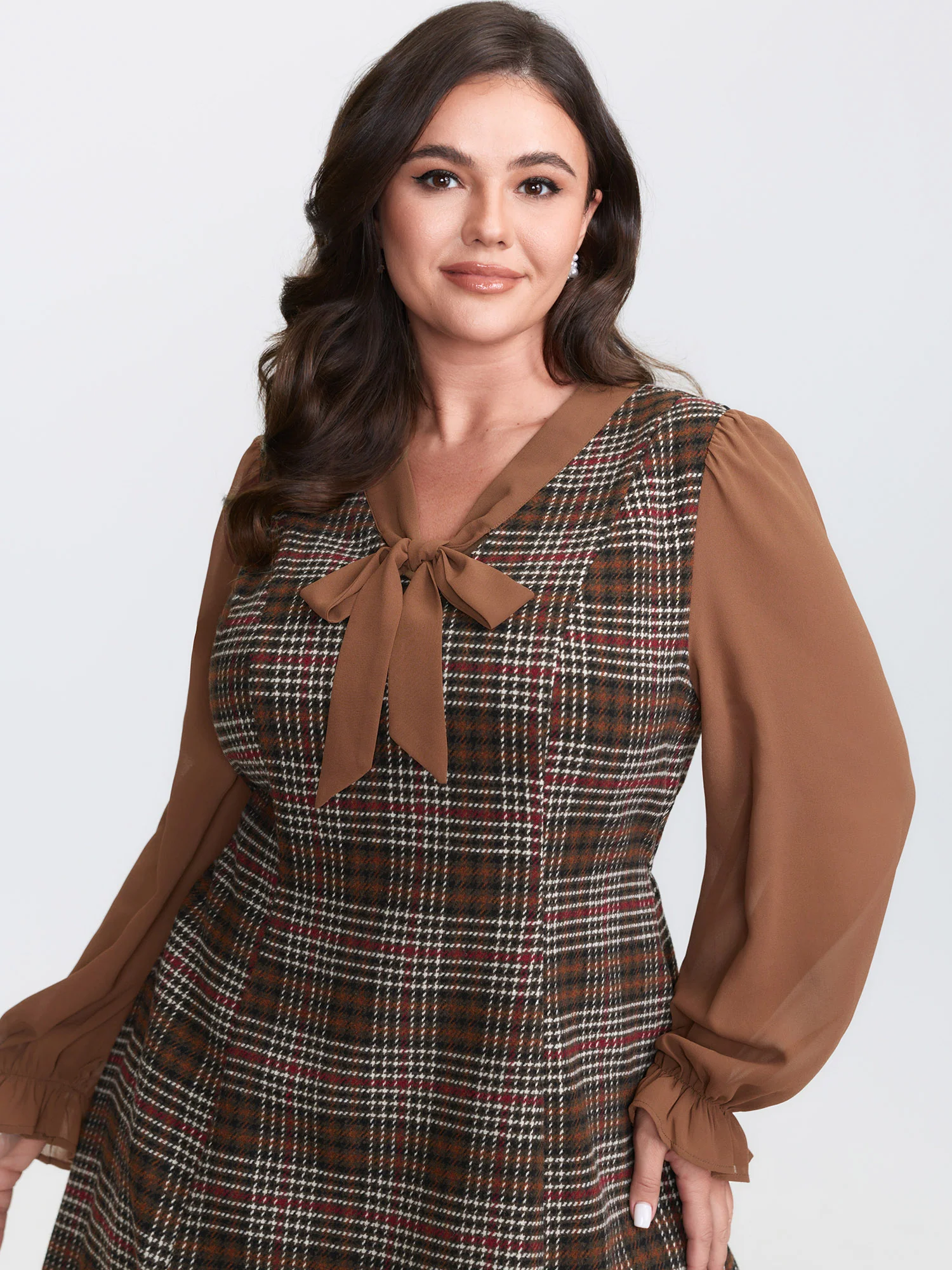 Vintage Check Tweed Ribbon Collar Midi Dress - Image 3