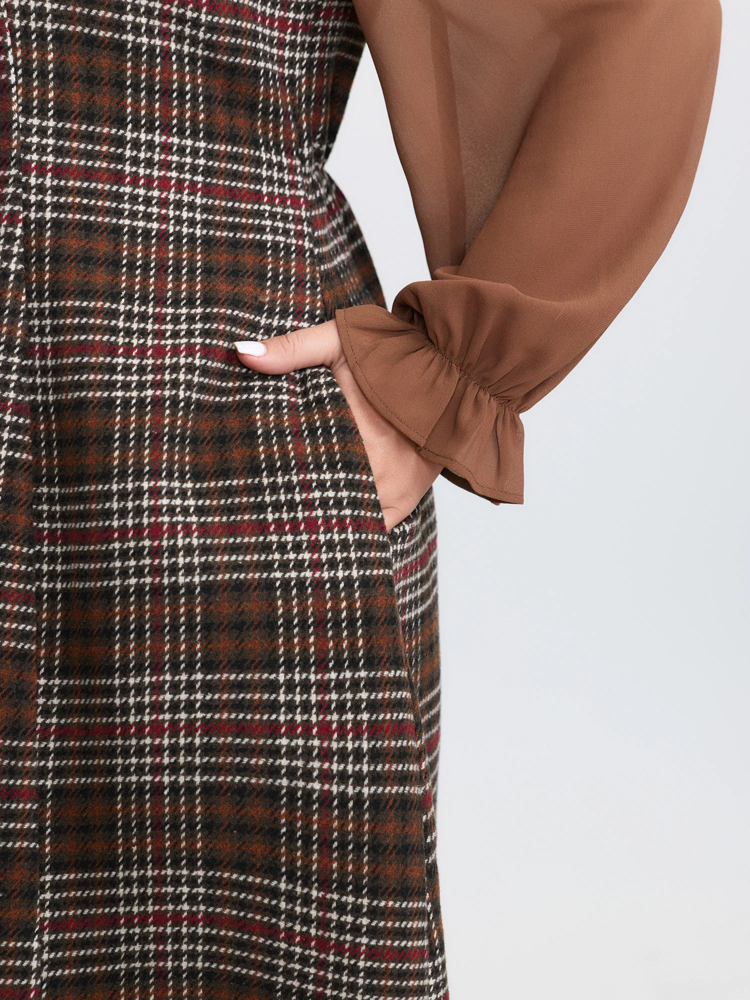 Vintage Check Tweed Ribbon Collar Midi Dress - Image 4