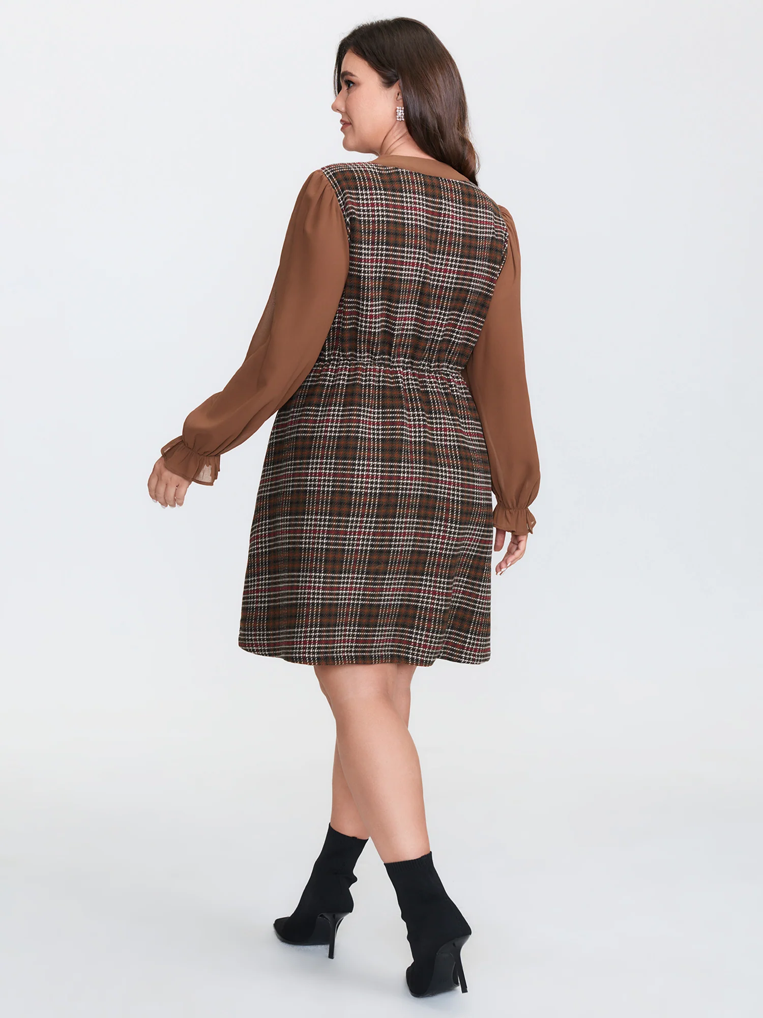 Vintage Check Tweed Ribbon Collar Midi Dress - Image 5