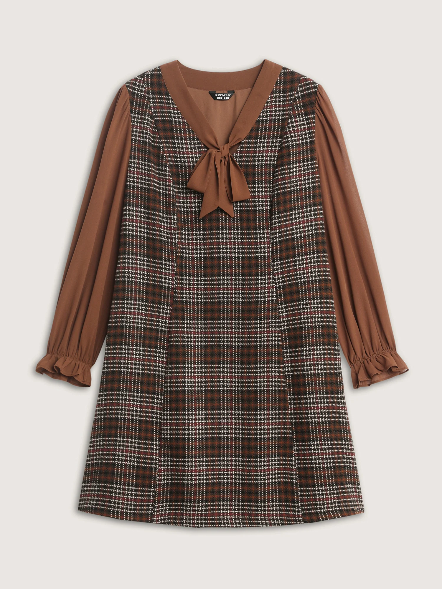 Vintage Check Tweed Ribbon Collar Midi Dress - Image 6