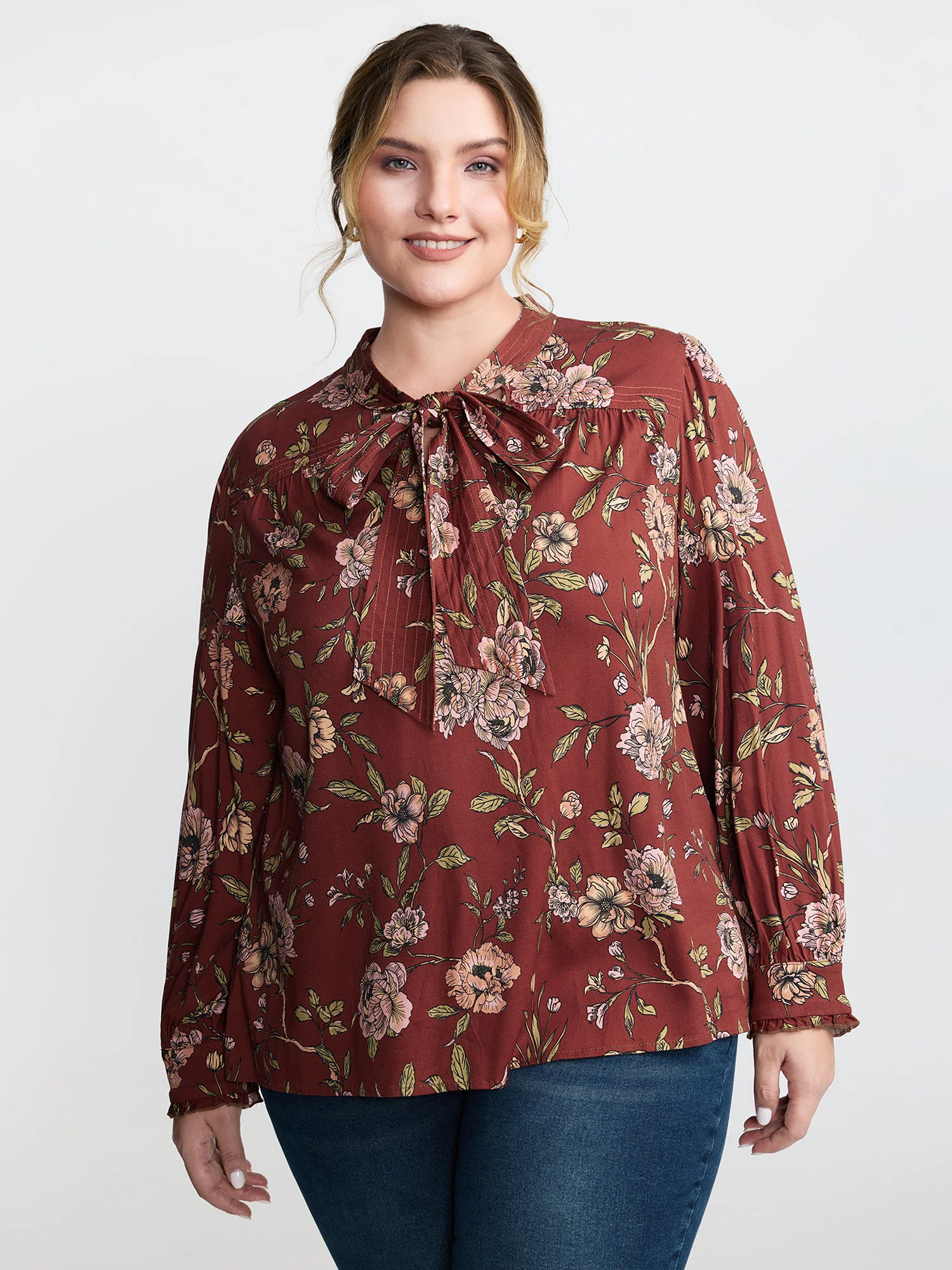 Vintage Floral Neck Ribbon Tie Blouse - Image 2