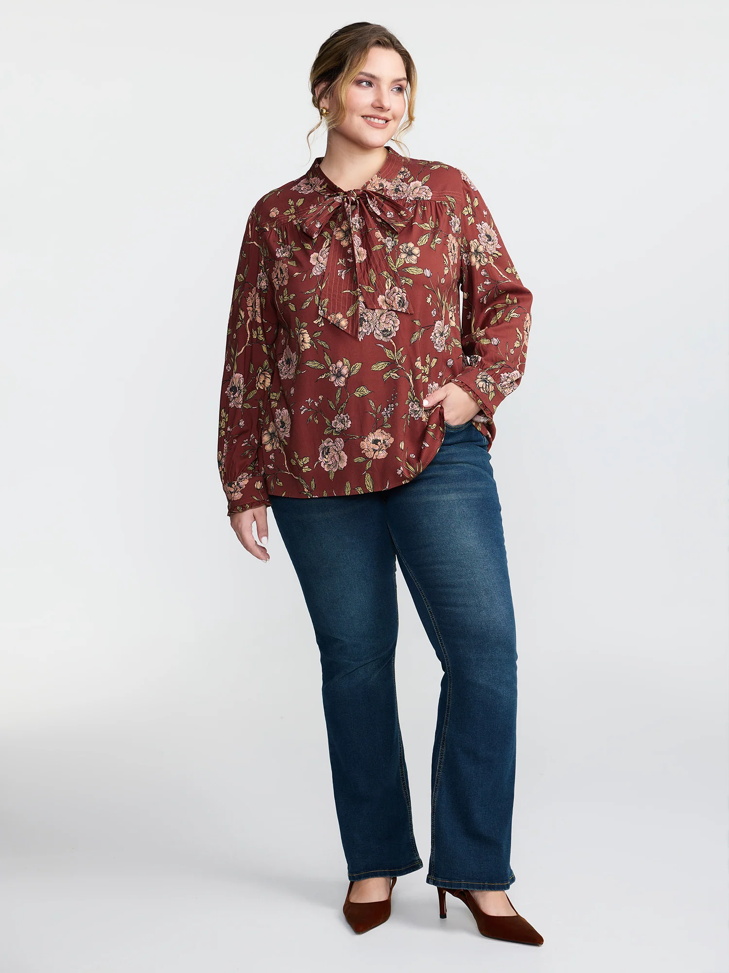 Vintage Floral Neck Ribbon Tie Blouse - Image 3