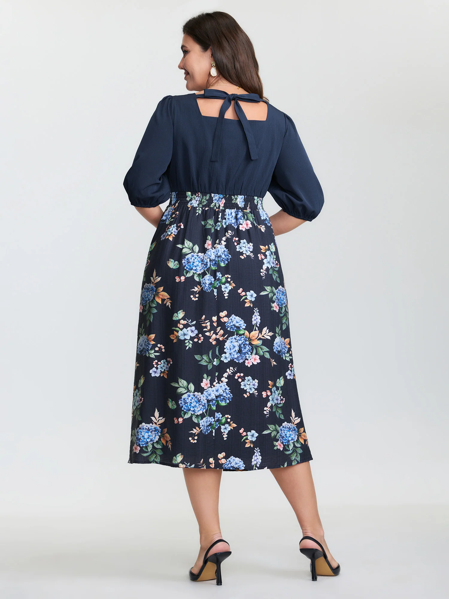 Vintage Floral Print Back-Tie Midi Dress - Image 6