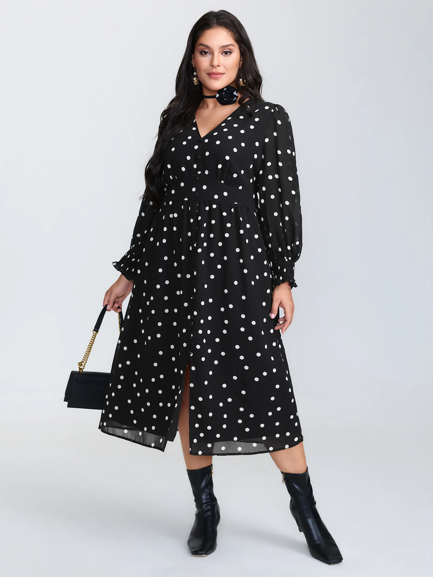 Vintage Polka Dots Puffy Sleeve Midi Dress - Image 3
