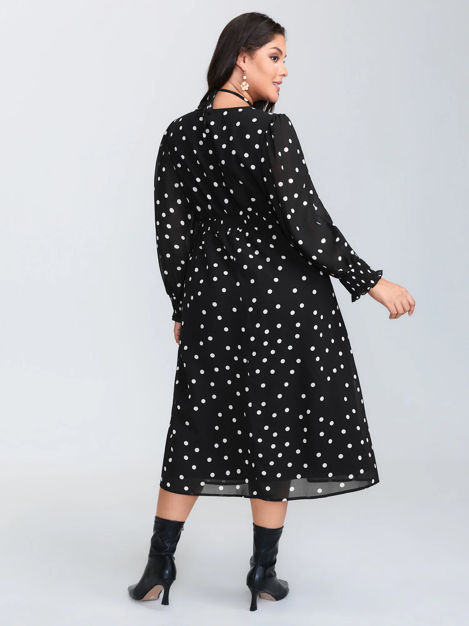 Vintage Polka Dots Puffy Sleeve Midi Dress - Image 4