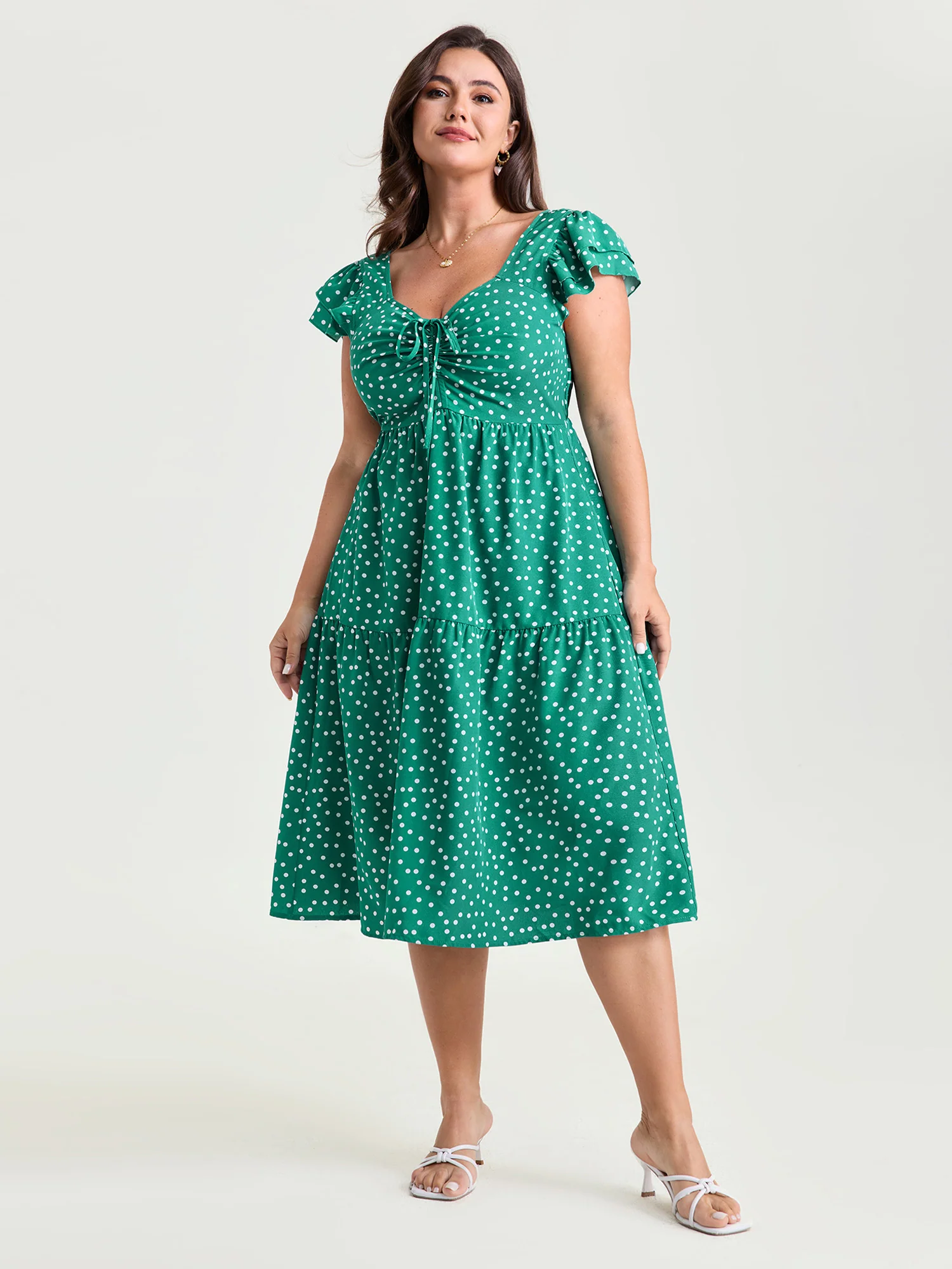 Vintage Polka Dots Ruched Bowknot Midi Dress - Image 3