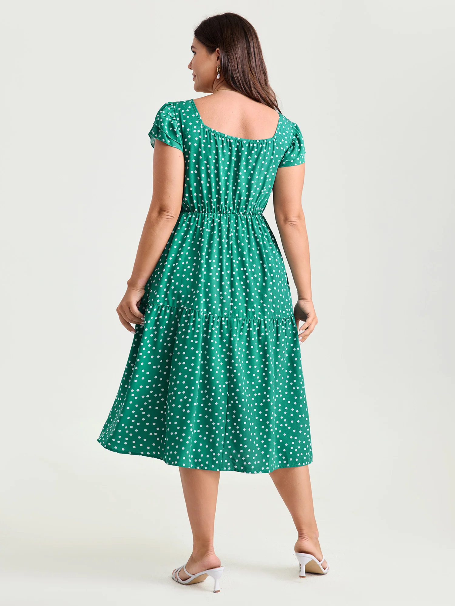 Vintage Polka Dots Ruched Bowknot Midi Dress - Image 4