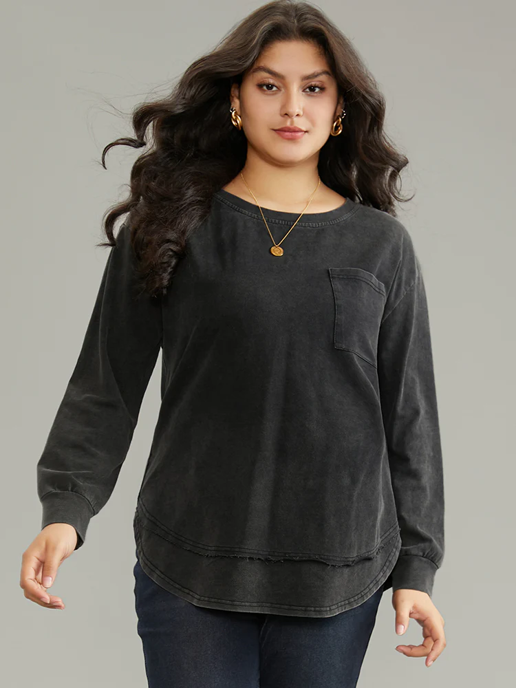 Vintage Split Arc Hem Patched Pocket Sweatshirt