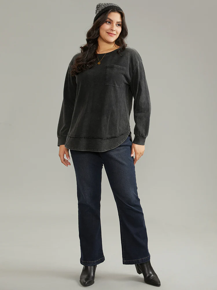 Vintage Split Arc Hem Patched Pocket Sweatshirt - Image 3