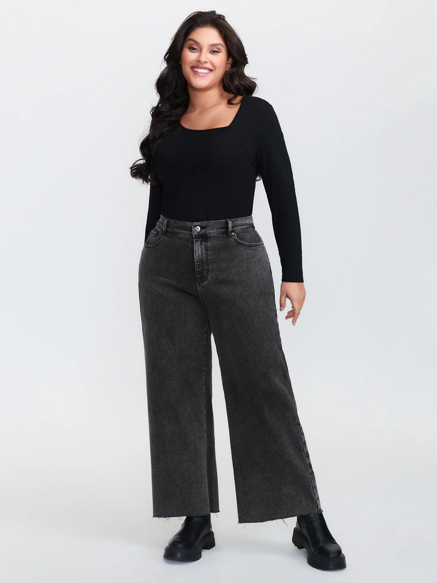 Vintage Wash Stretchy Waistband Wide-Leg Jeans - Image 2
