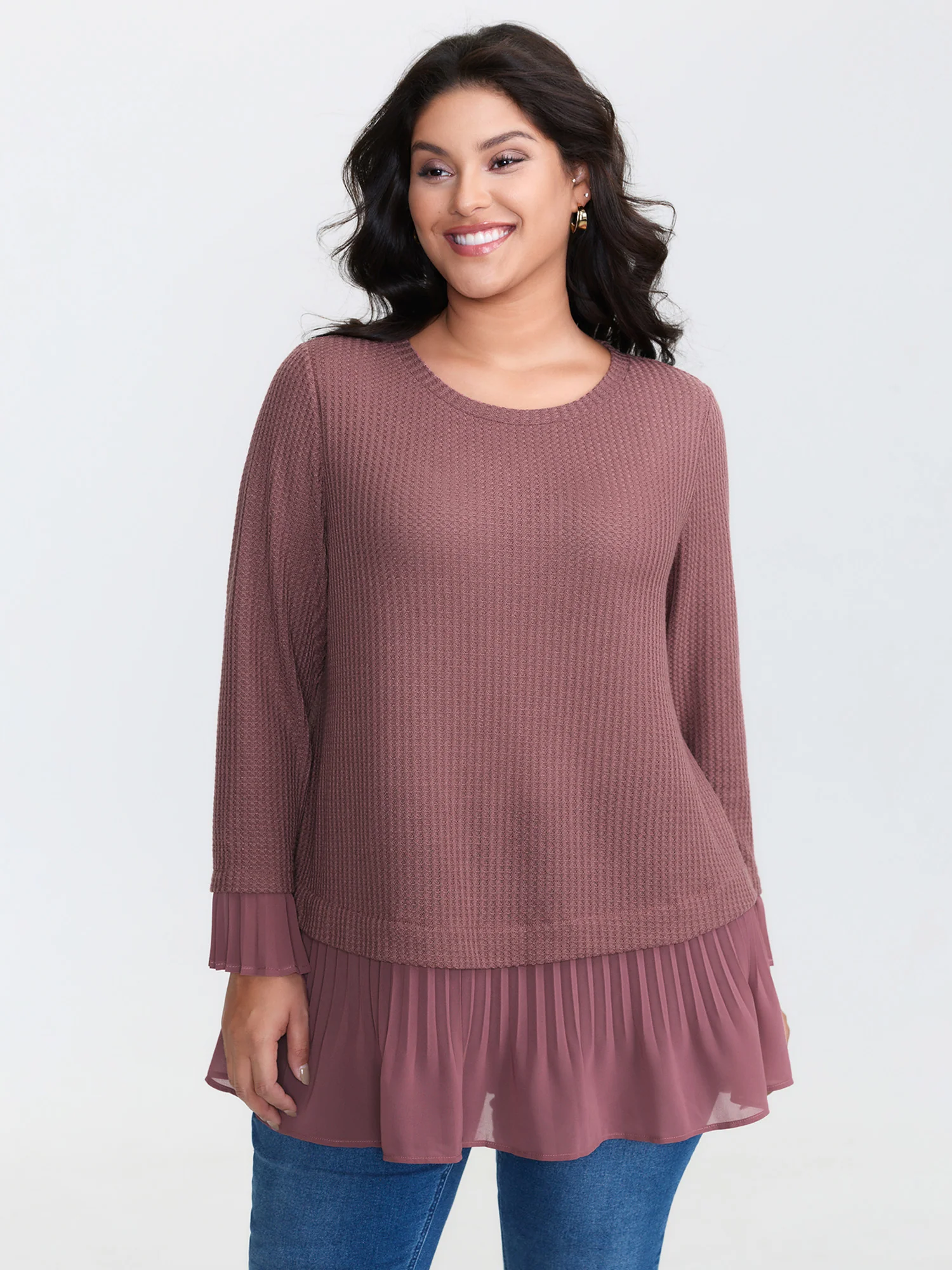 Waffle Chiffon Hem Crew Neck Top