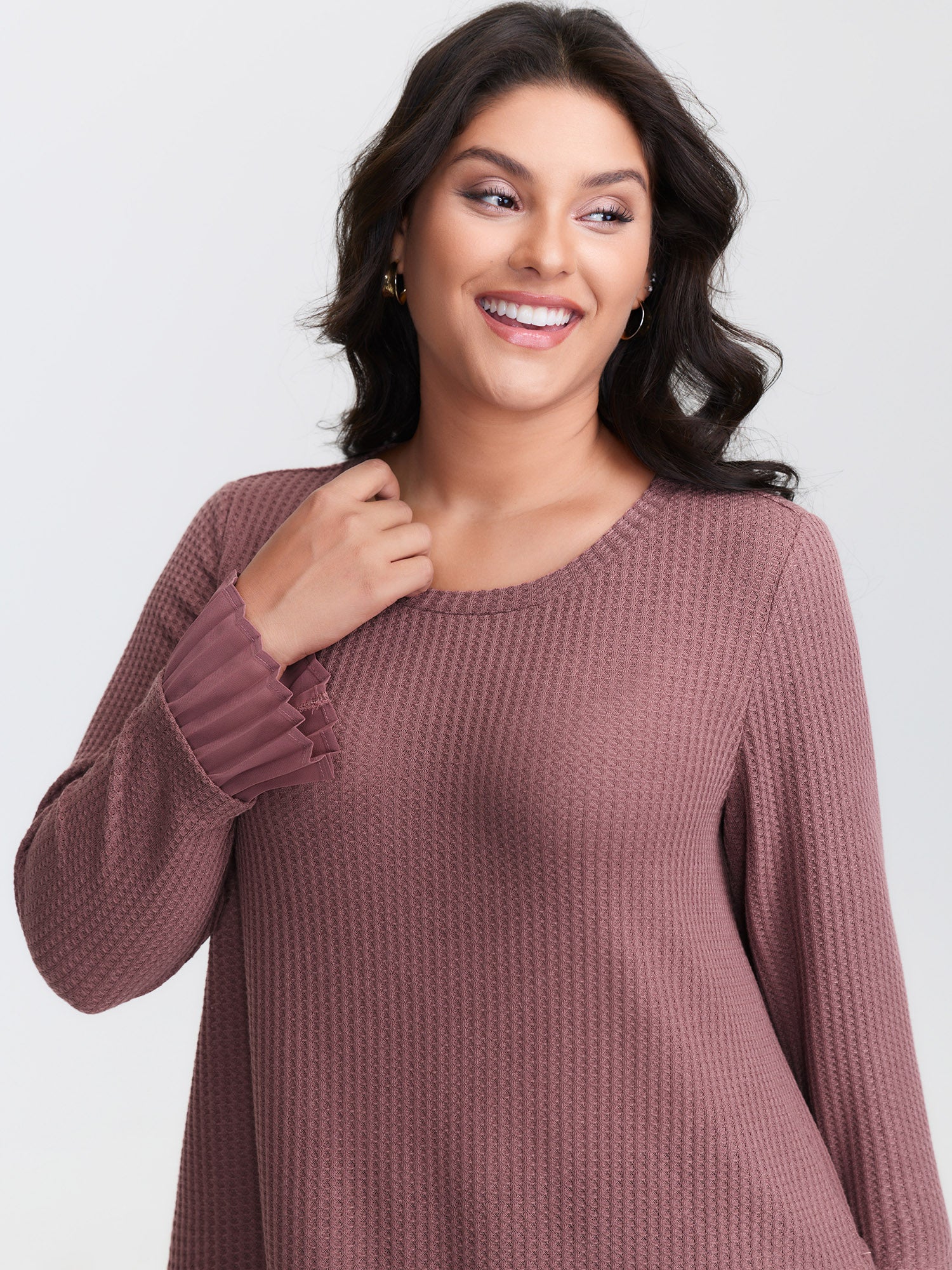 Waffle Chiffon Hem Crew Neck Top - Image 2